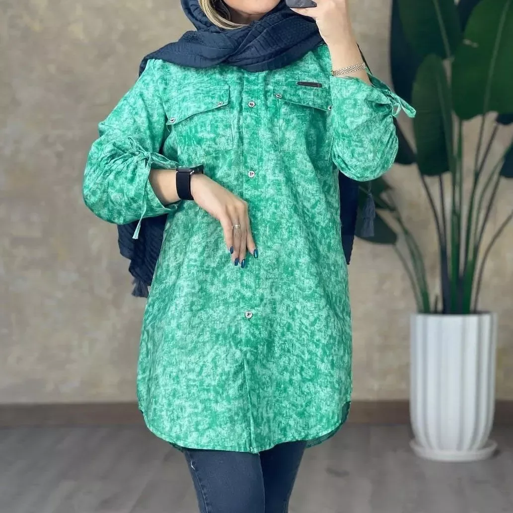 شومیز پیراهنی آستین گت، رنگ سبز، بلند، یقه مردانه، آستین بلند، آزاد