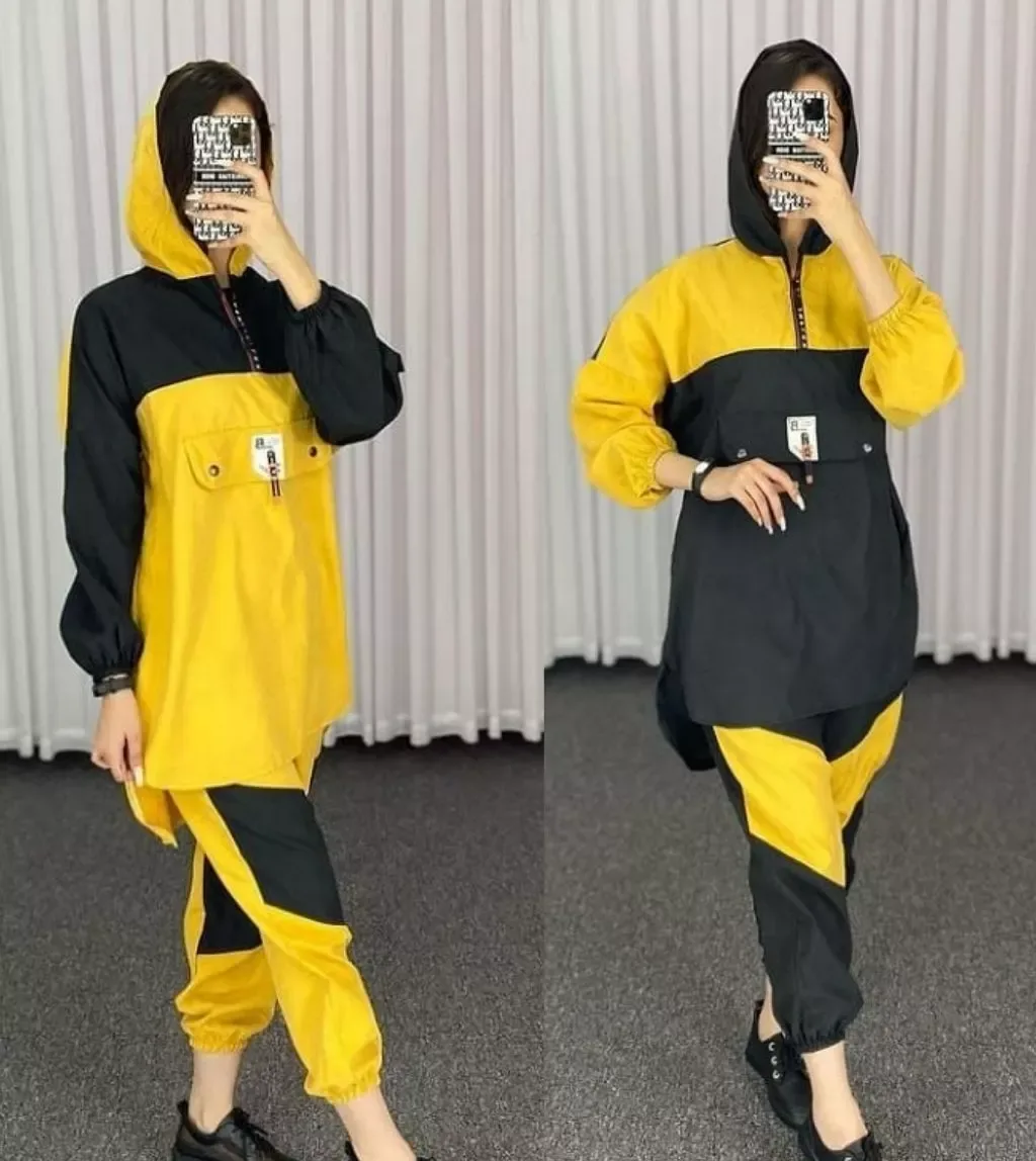 ست هودی و شلوار پاییزه، رنگ زرد و مشکی، گشاد، کلاه‌دار