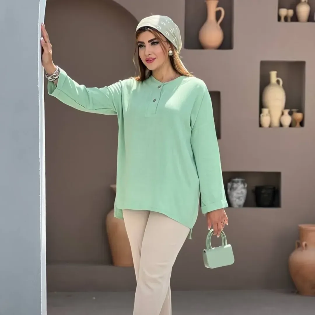 شومیز تونیک شانتون اسلپ، رنگ سبز روشن، جنس لینن، آستین بلند، یقه گرد، آزاد