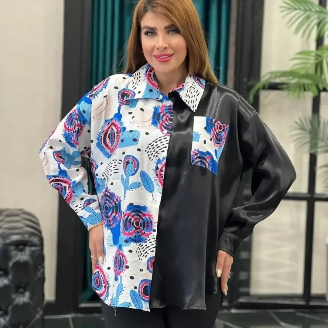 شومیز زنانه جنس الیزه، رنگ سفید، سیاه، آبی و صورتی، جنس ساتن، قد متوسط، یقه دار، گشاد
