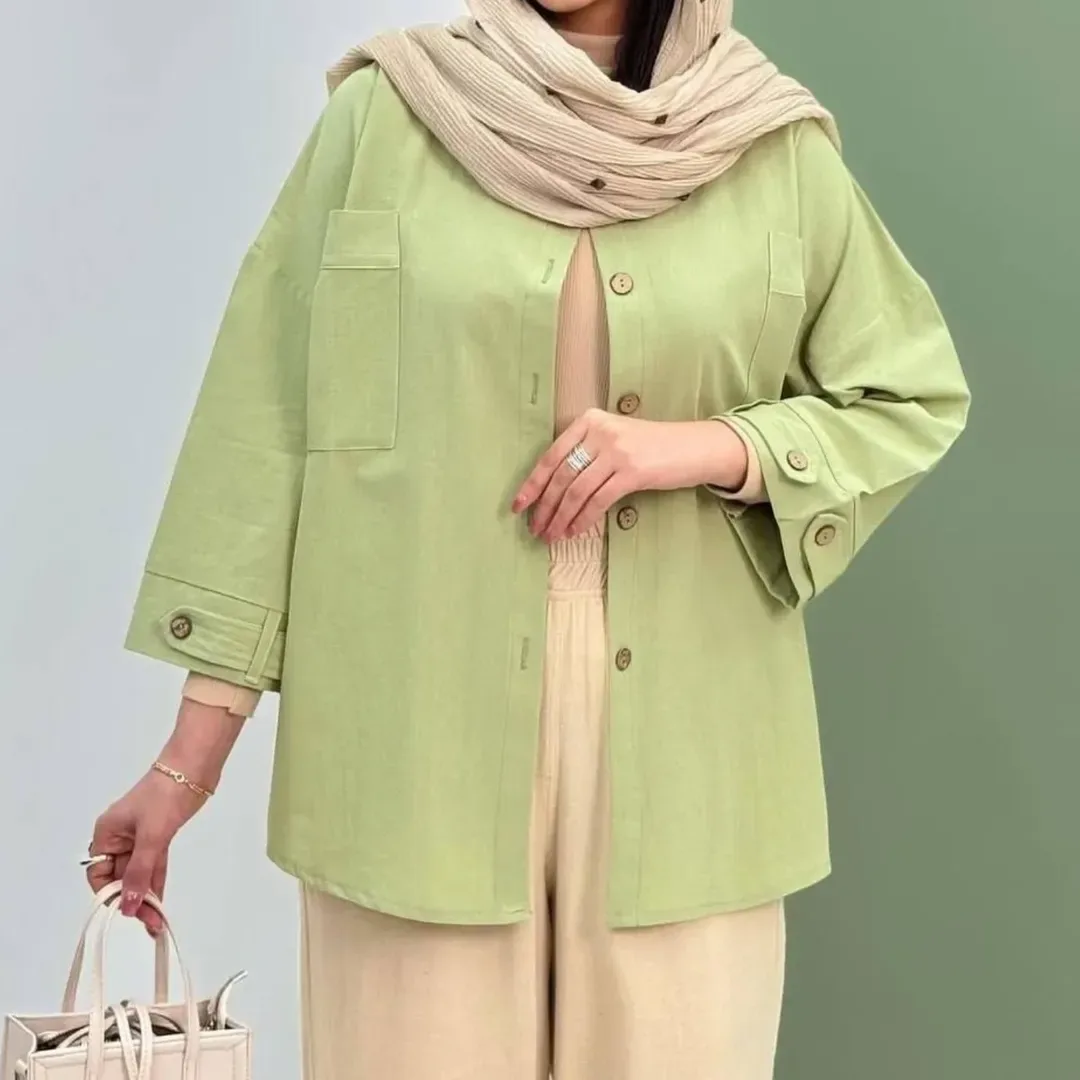 شومیز پیراهنی کتان پاگون‌دار کد۳۷۲، رنگ سبز لیمویی، آستین بلند، دکمه‌دار، گشاد