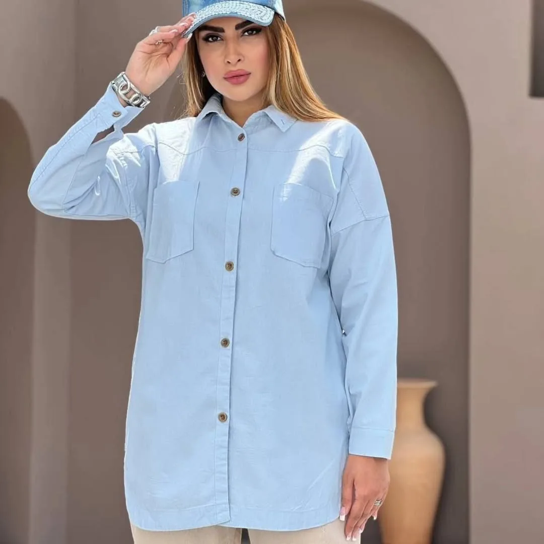 مانتو کتان سنگشور کد 34، رنگ آبی روشن، بلند تا زانو، یقه مردانه، آستین بلند