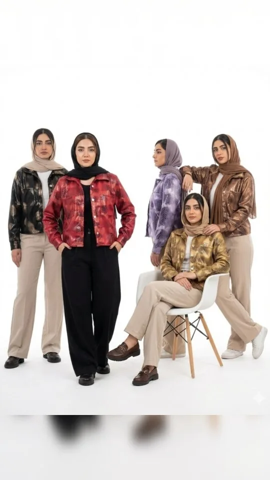 کت کراپ سوئیت پوستماری، رنگ مشکی، قرمز، بنفش، قهوهای و طلایی، کوتاه، یقه دار، آستین بلند