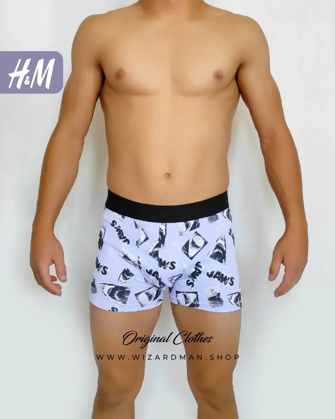شورت مردانه پادار طرح کوسه H&M، رنگ سفید و مشکی، باکسر