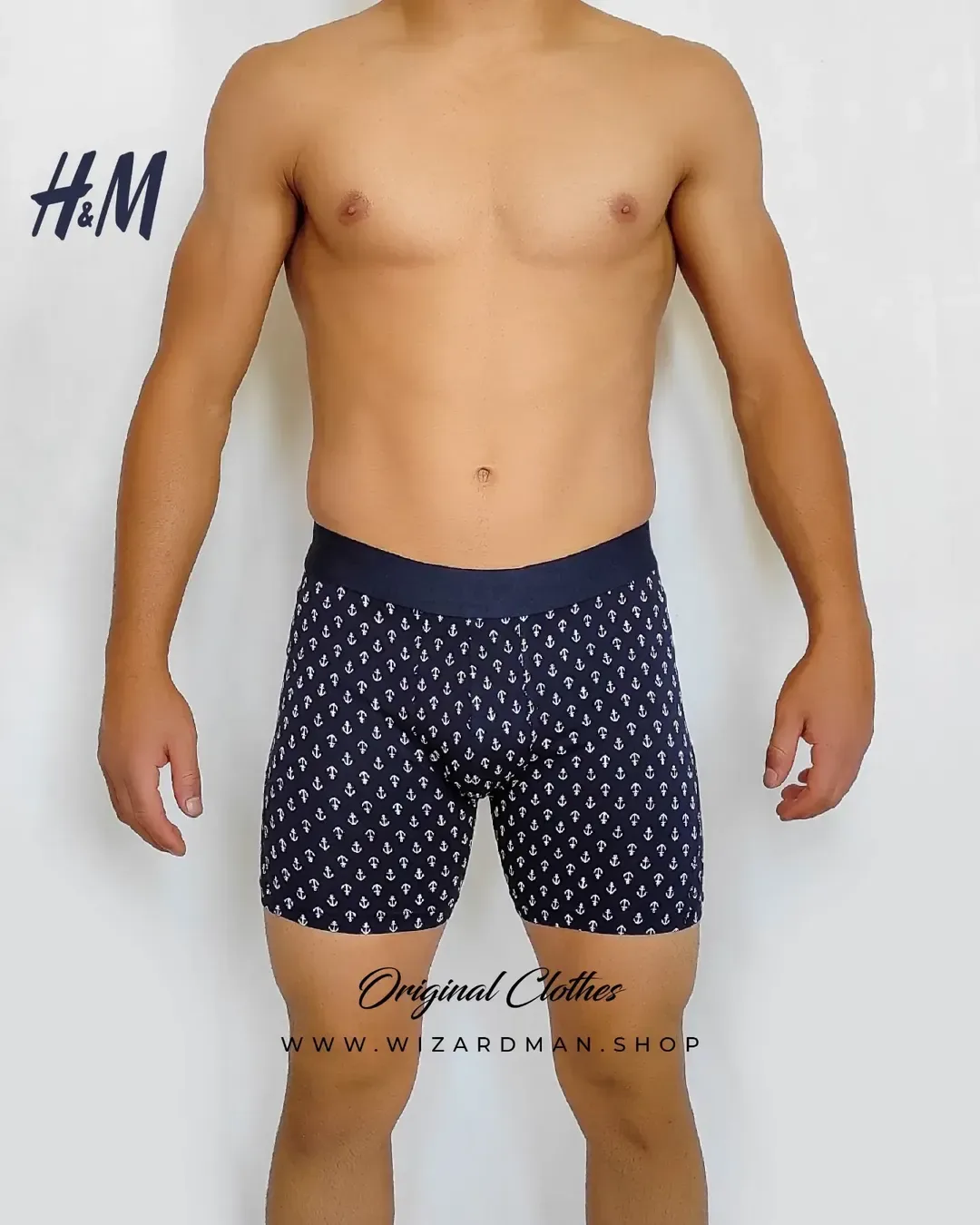 شورت مردانه پادار طرح لنگر H&M، رنگ سرمه‌ای و سفید، باکسر، جذب