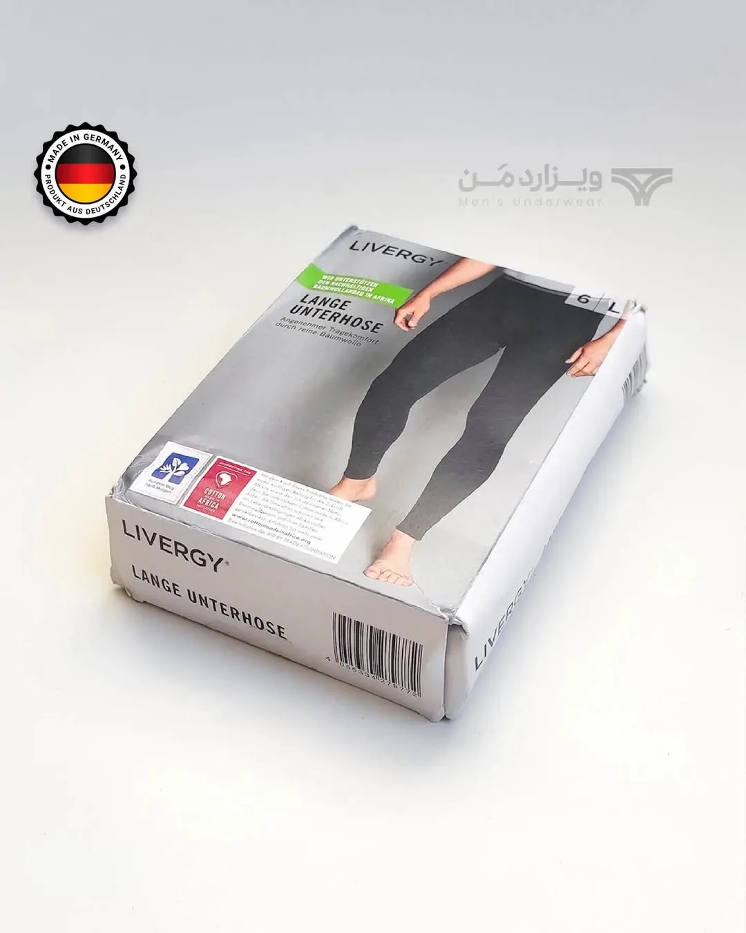 لگینگ مردانه کش پهن لیورجی، رنگ سفید و خاکستری، جنس مقوا، جعبه مستطیلی
