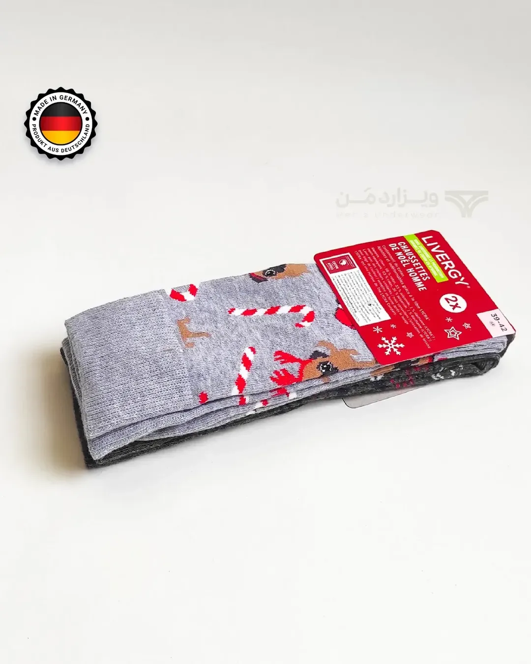 پک ۲ تایی جوراب طرح کریسمس لیورجی، رنگ خاکستری، قرمز و سفید، جنس بافتنی، ساق‌دار کوتاه