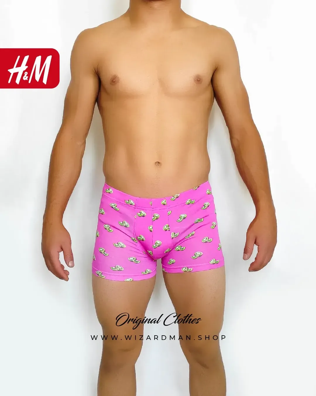 شورت مردانه پادار طرح کیوی صورتی H&M، رنگ سبز و سفید، طرح شخصیت کارتونی، باکسر، جذب