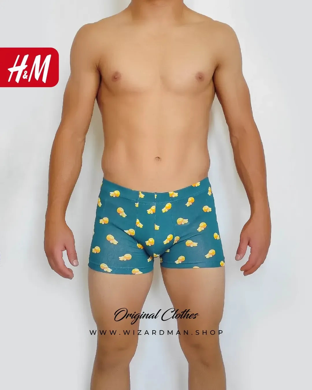 شورت مردانه پادار طرح پرتقال H&M، رنگ سبزآبی و زرد، باکسر، جذب