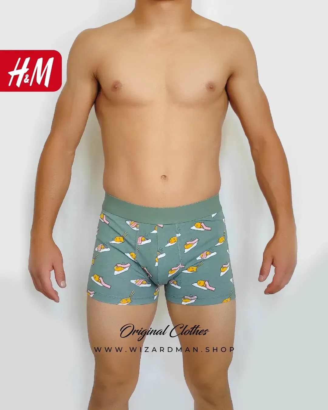 شورت مردانه پادار طرح نیمرو سبز H&M، رنگ سبز خاکستری، زرد و سفید، طرح شخصیت کارتونی، باکسر، جذب