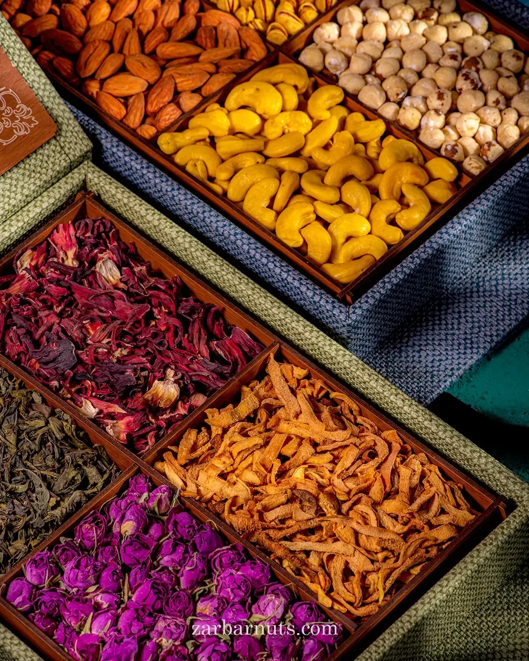 جعبه آجیل بگ شو زربار، رنگ قهوه‌ای، بنفش و زرد، جنس چوب، خوراکی و گیاهی، مستطیلی، چندخانه