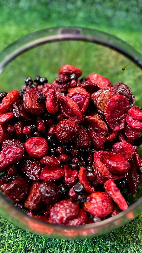 ترکیب ترشیجات و میوه خشک زربار، رنگ قرمز و مشکی، میوه خشک مخلوط